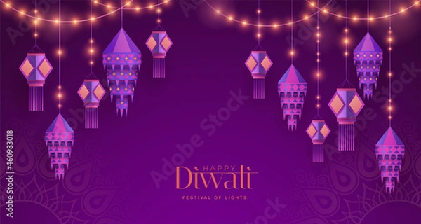 Fototapeta Happy Diwali. Group of paper graphic Indian lantern on Indian festive theme big banner background. The Festival of Lights.