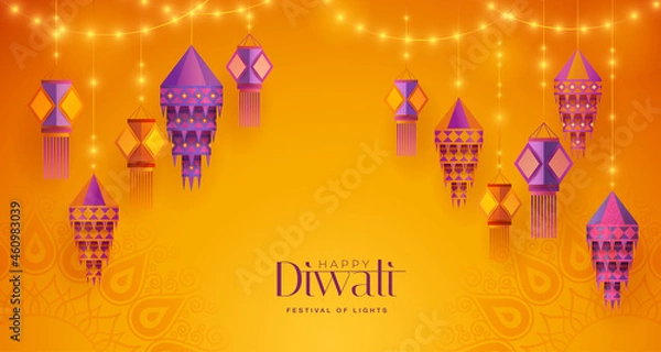 Fototapeta Happy Diwali. Group of paper graphic Indian lantern on Indian festive theme big banner background. The Festival of Lights.