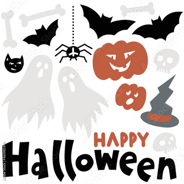 Fototapeta seasonal colorful Halloween elements set with scary skulls bones bats pumpkins spider webs and Happy Halloween wishes isolated on white background
