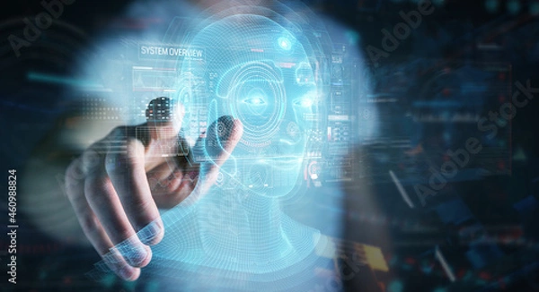 Fototapeta Businessman using digital artificial intelligence head interface 3D rendering