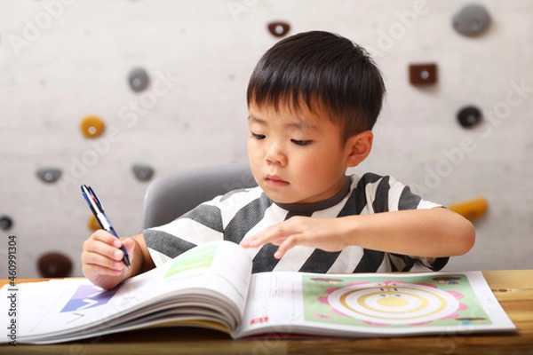 Fototapeta 机の上で勉強をする男の子。