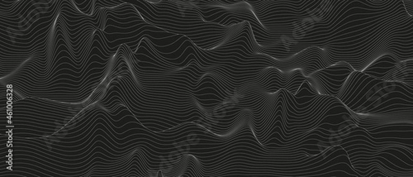 Fototapeta Abstract background with distorted line shapes on a black background. Monochrome sound line waves.