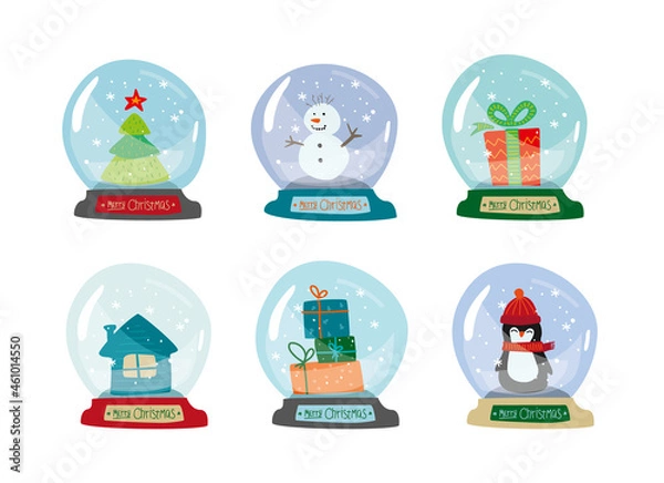 Fototapeta Snow Globe Christmas Set. Xmas Collection of snowball in doodle style. new year decoration hand drawn. Eve Elements. 