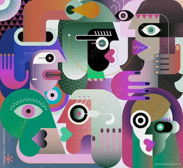 Obraz  Large group of various people abstract modern art graphic illustration. Portrait of six strange adult persons.