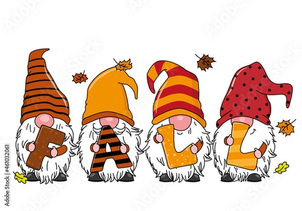 Obraz Autumnal card. Three cute gnomes. Isolated vector