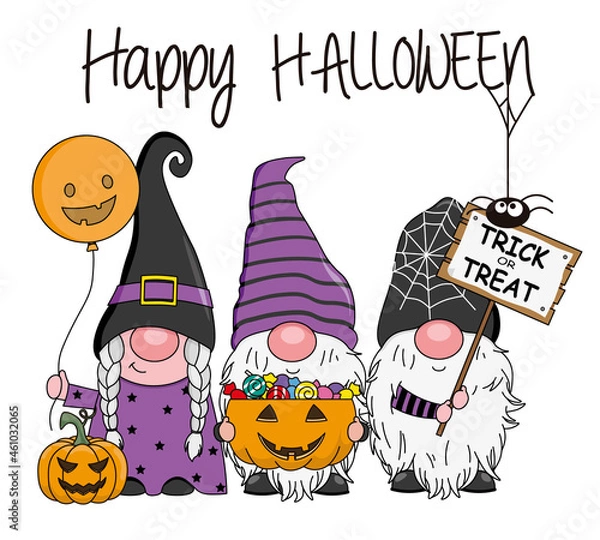 Fototapeta Halloween card. Three gnomes with candy, pumpkin and trick or treat card. Isolated vector
