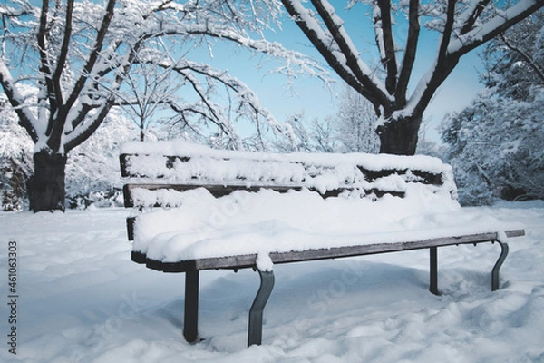 Fototapeta A bench in public park cover with snow and bright sky background in the winter