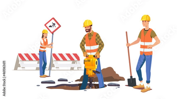 Obraz Builders, construction workers repairing road