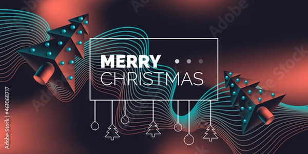 Fototapeta merry christmas creative wallpaper  design with 3d geometric spruce trees abstract waves on dark background vector illustration