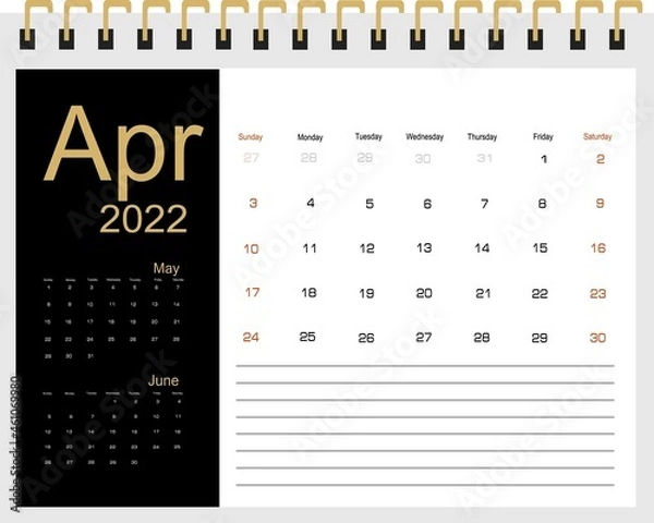 Fototapeta 2022 Calendar Planner Design. Monthly scheduler. Week starts on Sunday. APRIL 2022. Vector illustrator.