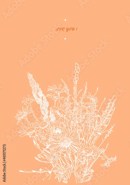 Fototapeta Vector drawing of a bouquet of daisies with white lines on an orange background, sketch vector graphic illustration for notebook, sketchbook, postcards, posters, greeting card with the words "for you"