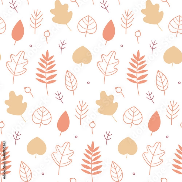 Obraz Vector autumn seamless pattern  on a light background. Autumn leaves and branches. Flat and doodle. Suitable for cards,  invitations, paper and others