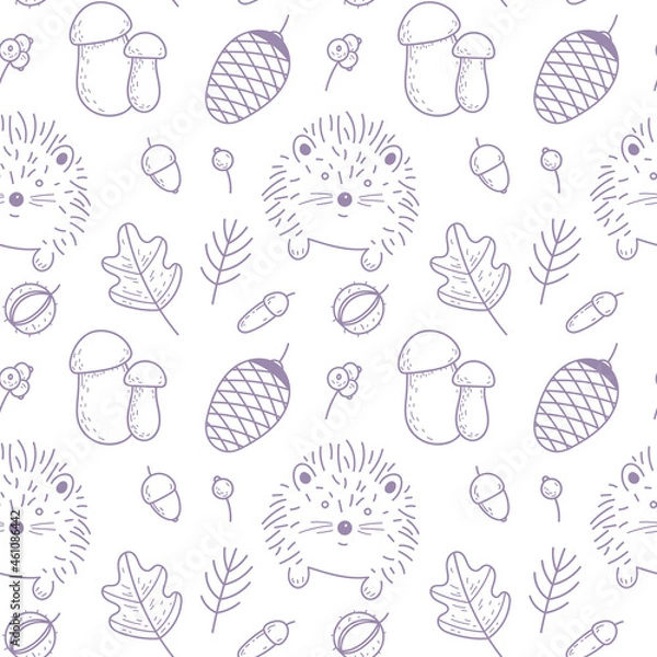 Obraz Vector autumn seamless pattern  on a light background. A hedgehog, acorns, cones, mushrooms, autumn leaves and branches. Grey-blue doodle. Suitable for cards,  invitations, paper and others