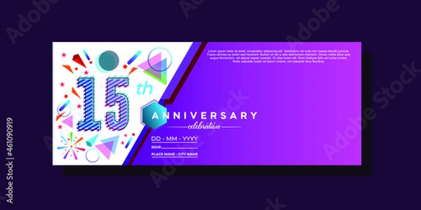 Fototapeta 15th anniversary, anniversary celebration vector design on colorful geometric background and circle shape.