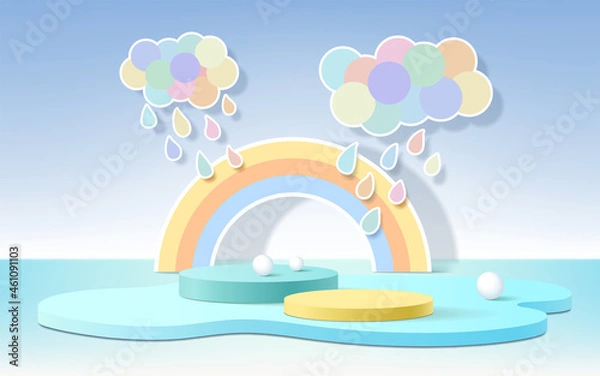 Fototapeta 3d product podium, pastel color background, clouds, weather with empty space for kids or baby product.