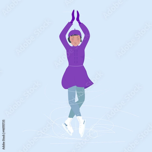 Fototapeta A girl in a purple dress is engaged in figure skating, spinning on a skating rink with her hands raised. Winter hobbies and recreation. Vector illustration in cartoon style.