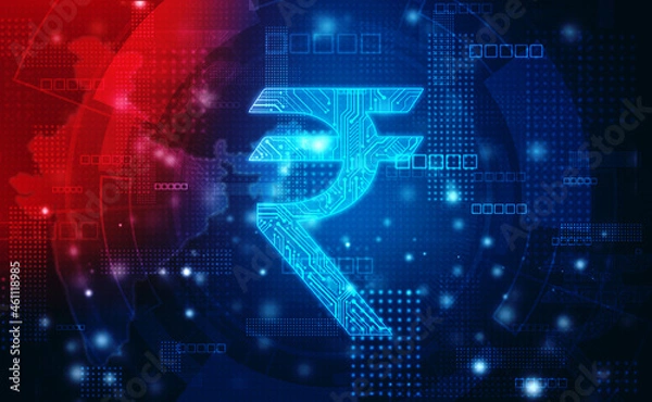 Fototapeta Indian Rupee shape with circuit lines, Technology Background, Digital India Concept. Digital Money, Abstract finance background, Stock market chart, Indian Rupee symbol on financial Background