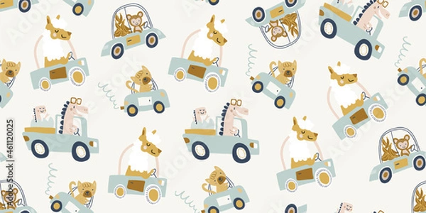 Fototapeta Vector seamless pattern with cute animals driving car, truck - bear, crocodile, giraffe, lama, hippo, monkey, cat, rabbit on light background. childish seamless pattern for boys and girls