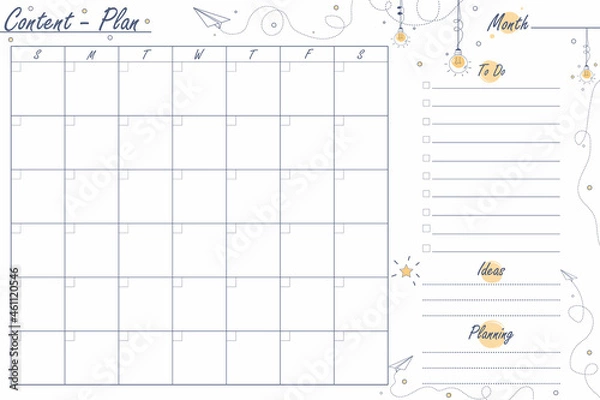 Fototapeta Content plan. Content planner for the month. Minimalistic design in blue and yellow colors. Light bulbs, paper airplanes