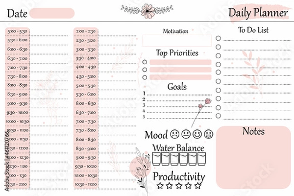 Fototapeta Daily planner. Schedule by the hour, minimal design with flowers. Pink, black colors