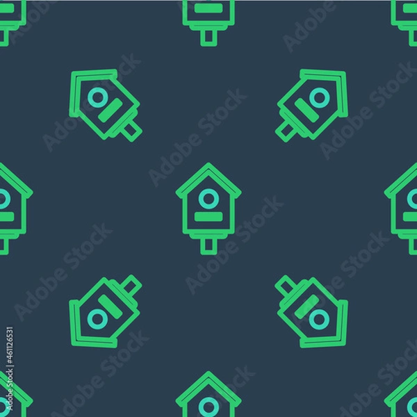 Obraz Line Bird house icon isolated seamless pattern on blue background. Nesting box birdhouse, homemade building for birds. Vector