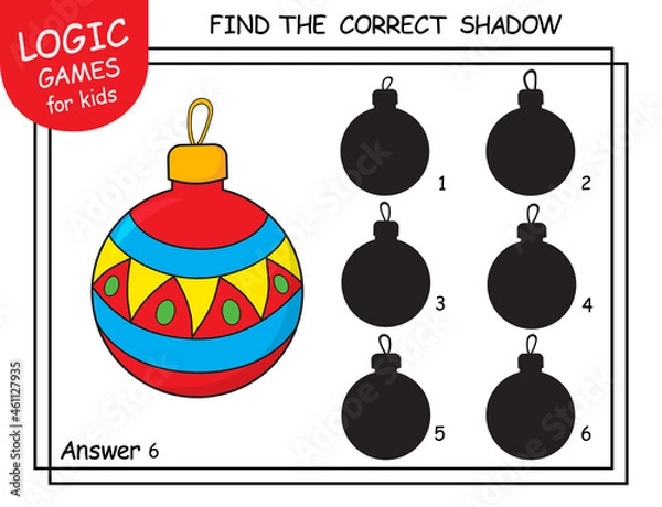 Fototapeta Find the correct shadow of Christmas Ball. Task with answer. Cute cartoon new year toy. Educational matching activity for child with Ball. Learning worksheet with task for kids school or kindergarten