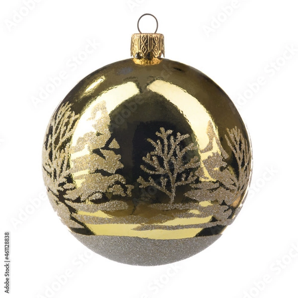 Obraz one Christmas tree toy with a gold color pattern on a white isolated background