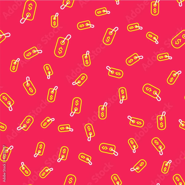Fototapeta Line Price tag with dollar icon isolated seamless pattern on red background. Badge for price. Sale with dollar symbol. Promo tag discount. Vector