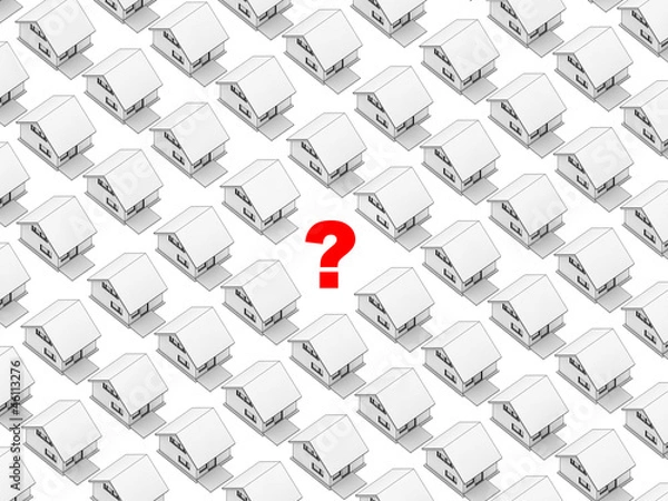 Fototapeta Houses in orthographic view with a question mark. Plot to sale.