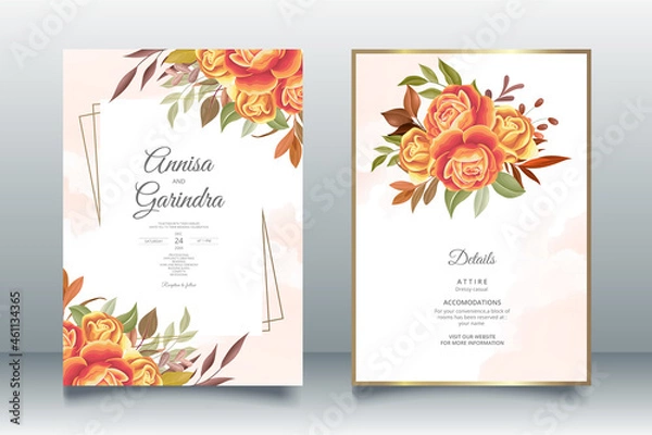 Obraz Beautiful autumn floral frame wedding invitation card template Premium Vector