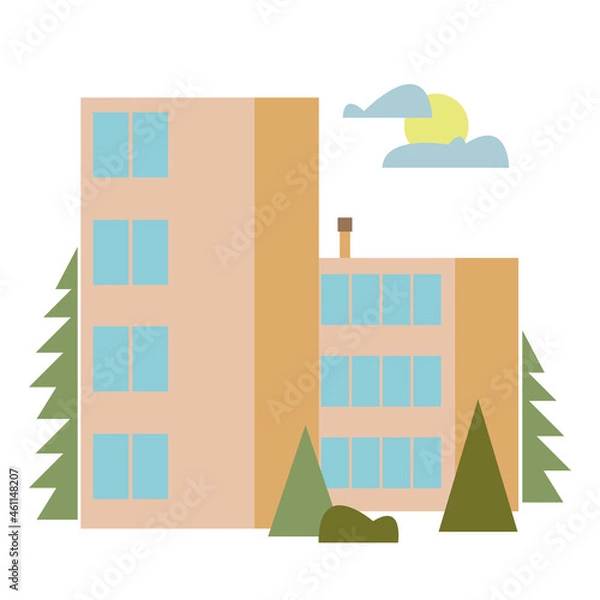 Fototapeta A multi-storey residential building in a green color against a background of woods. Vector illustration of architecture in cartoon flat style. Isolated funny clipart on a white background. Cute print