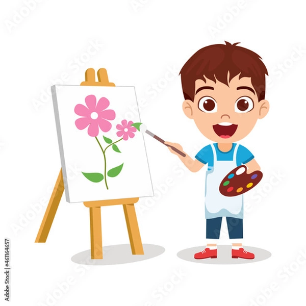 Fototapeta Happy cute beautiful kid boy character wearing painter outfit standing with paint color and paint brush and paint board and drawing flower 