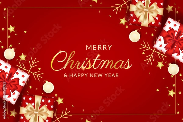 Fototapeta merry christmas and happy new year greeting card with realistic red decoration