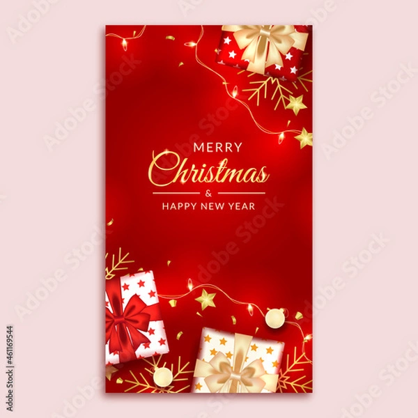Fototapeta merry christmas and happy new year social media story with realistic red decoration