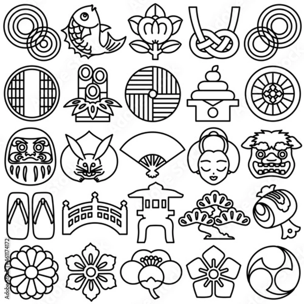 Fototapeta 日本　観光アイコンのセット　アウトライン