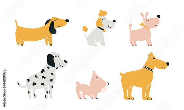 Obraz dogs set. Cute, cartoonish, stylized pets. Original clip-art for the design of baby products. Vector illustration, doodle