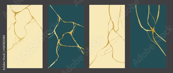 Obraz Kintsugi broken ceramic repair, vector set  vertical with gold cracks design background