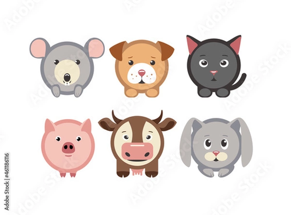 Fototapeta Set of six circle vector animals on white background