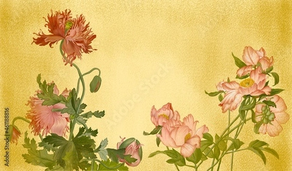 Fototapeta Peony and Poppies. Ornate gold pattern with vintage pion and poppy. Chinoiserie floral illustration