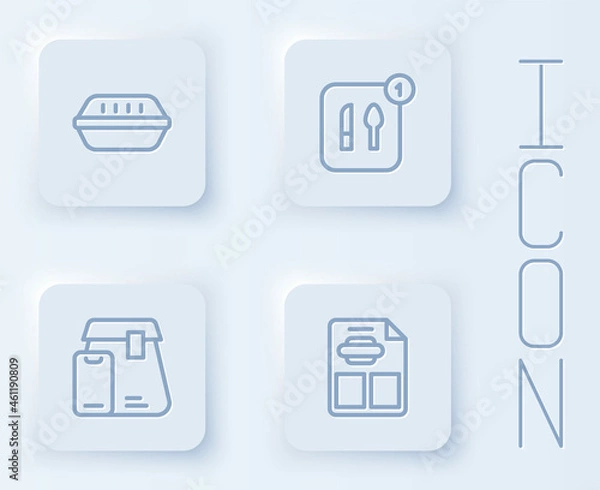 Fototapeta Set line Lunch box, Food ordering, Online food and Restaurant cafe menu. White square button. Vector