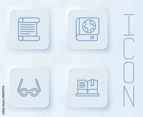 Fototapeta Set line Decree, parchment, scroll, Earth globe and book, Glasses and Open. White square button. Vector