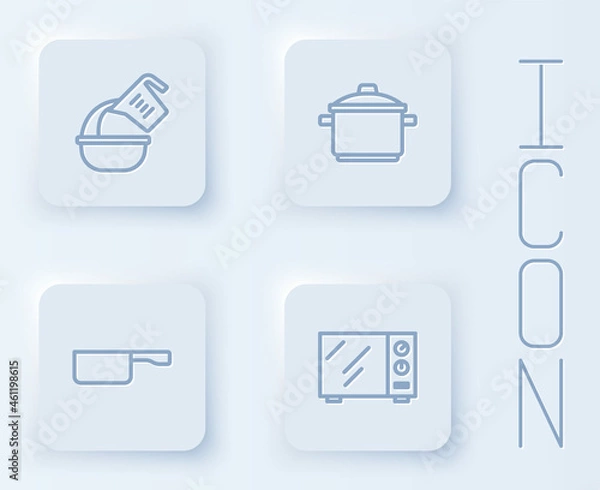 Fototapeta Set line Measuring cup and bowl, Cooking pot, Frying pan and Microwave oven. White square button. Vector