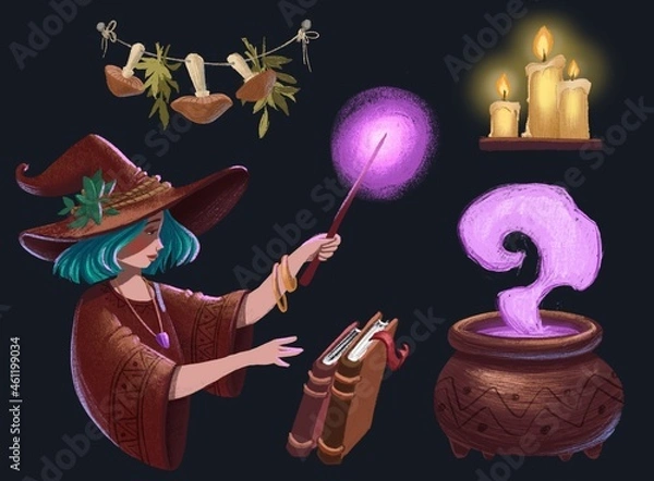 Fototapeta Magic Halloween set with witch, pot, mushrooms, magic wand, books, candles on dark background
