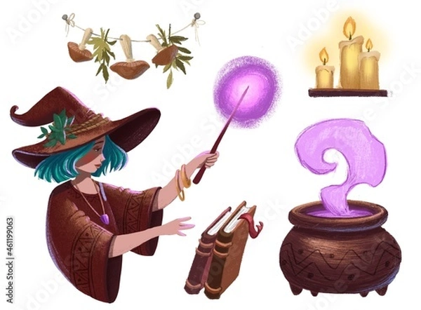 Fototapeta Magic Halloween set with witch, pot, mushrooms, magic wand, books, candles on white background