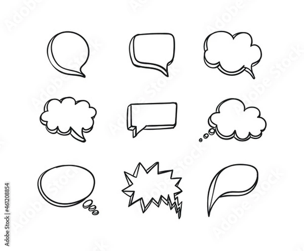 Fototapeta Vector Speech Bubbles Set, Black Lines Isolated on White Background, Handdrawn Blank Frames Collection, 3D Speech Comic Elements.