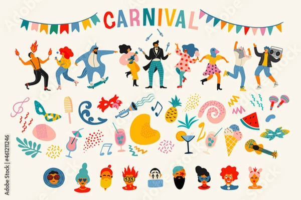 Fototapeta Carnival. Vector set. People in carnival costumes, faces, masks, symbols, abstract forms