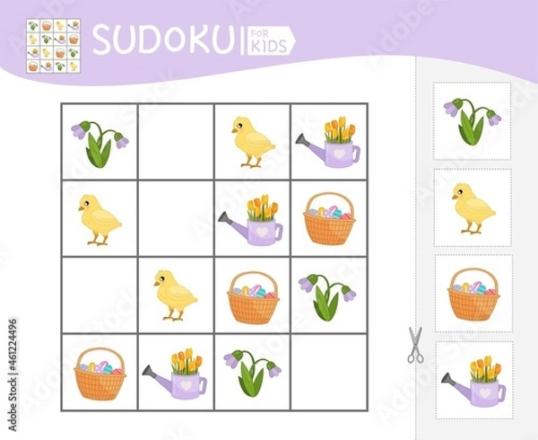 Fototapeta Sudoku game for children with pictures. Kids activity sheet. Easter collection.