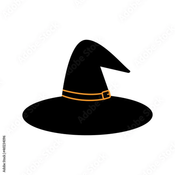 Fototapeta Black witch hat with buckle isolated on white background. Halloween clipart of sorceress cap and wizard hat. Cartoon icon and symbol of witchcraft, flat vector illustration