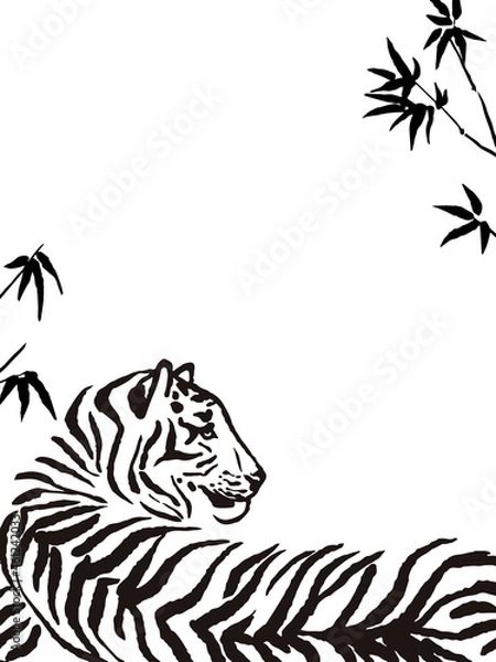 Fototapeta Vector black and white illustration of a lying tiger in bamboo. Outline and line art. Hand drawn ink art, freehand wild big cat drawing. Place for text.