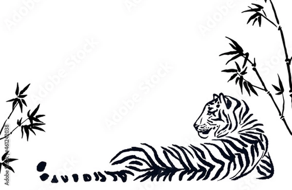Fototapeta Vector black and white illustration of a lying tiger in bamboo. Outline and line art. Hand drawn ink art, freehand wild big cat drawing. Place for text.